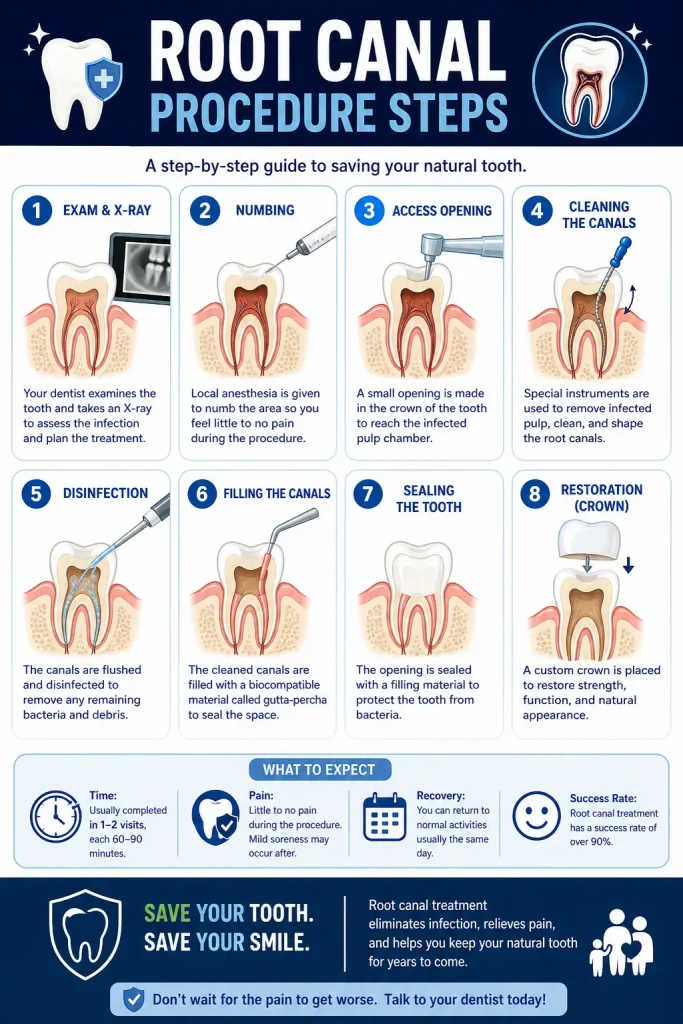 Root canal procedure steps at SpringLake Dental in Woodland CA — examination anesthesia cleaning sealing crown